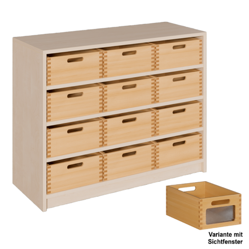 Korpus-Regal mit breiten Materialkästen B/H/T: 102x80x40 cm mit 12 Massivholz-Kästen mit Sichtfenster