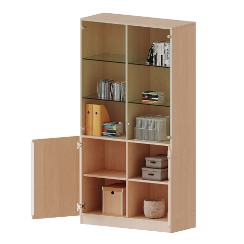 Schrank, 5 Ordnerhöhen, unten Türen (3 OH), oben Vitrinentüren (2 OH) - Serie evo180 B/H/T: 100x190x50 cm, 2 geschlossene und 2 Glastüren, abschließbar, mit Sockel (81 mm)