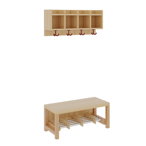 Komplettgarderobe mit einfacher Ablagereihe B/T: 80x35 cm, 4 Plätze, Sitzhöhe 42 cm, 2teilig ohne Stütze, Ablage zur Wandmontage, Alurohr-Schuhrost mit Trennungen