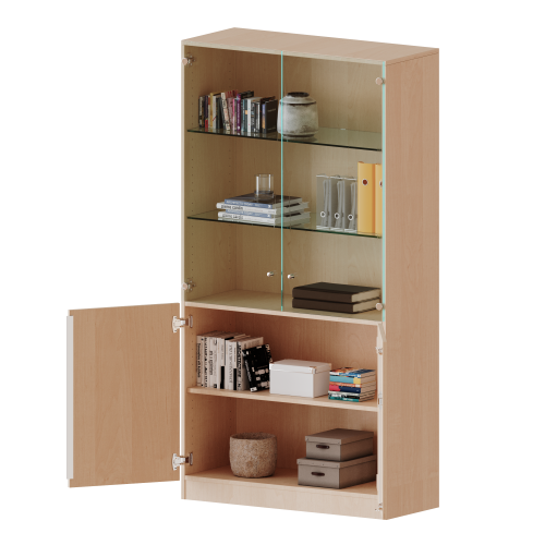 Schrank, 5 Ordnerhöhen, unten Türen (2 OH), oben Vitrinentüren (3 OH) - Serie evo180 B/H/T: 100x190x60 cm, 2 geschlossene und 2 Glastüren, abschließbar, mit Sockel (81 mm)