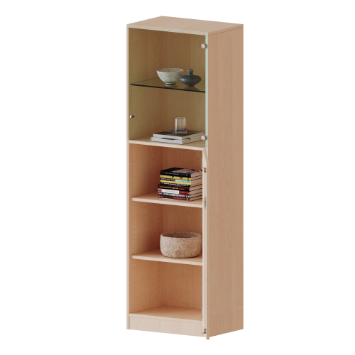 Schrank 5 Ordnerhöhen, unten Tür (3 OH), oben Vitrinentür (2 OH) - Serie evo180 B/H/T: 60x190x60 cm, 1 geschlossene und 1 Glastür, abschließbar, Türen öffnen nach rechts, mit Sockel (81 mm)