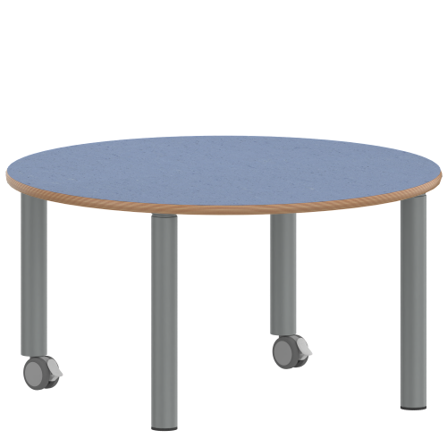 Tisch ZALOTTI mit Linoleum-Belag Rundtisch, Durchmesser/H: 100x25 cm, Stahlrohrbeine Ø 60 mm, Fußvariante: fahrbar, Tischbeine mit RAL-Farbe 9006 (weißaluminium)