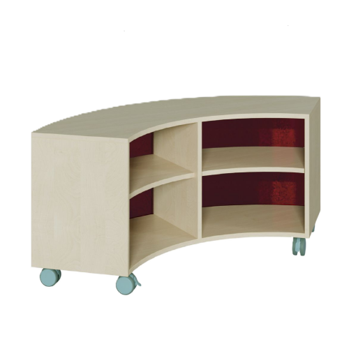 Korpus-Regal auf 1/4-Kreis-Grundriß, Rückwand aus farbiger Plexiglasplatte Bogenregal auf 90°, B/H/T: 140x62.5x57 cm, mit 4 Zwischenböden, Plexiglasmaterial als Rückwand