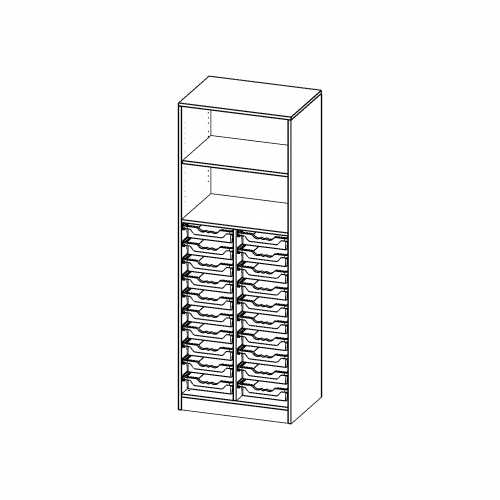 ErgoTray Regal, zweireihig, 5 Ordnerhöhen - evo180 Serie B/H/T: 70,3x190x50 cm, mit Sockel (81 mm), unten 20 flache ErgoTray Boxen, oben 2 Einlegeböden