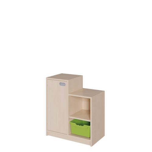 Korpus-Schrank "SideStep", Tür und Boxen B/H/T: 70,5x60/80x40 cm, in stufenartiger Kontur, rechts Regal und 1 Box, mit Tür auf hoher Seite, links