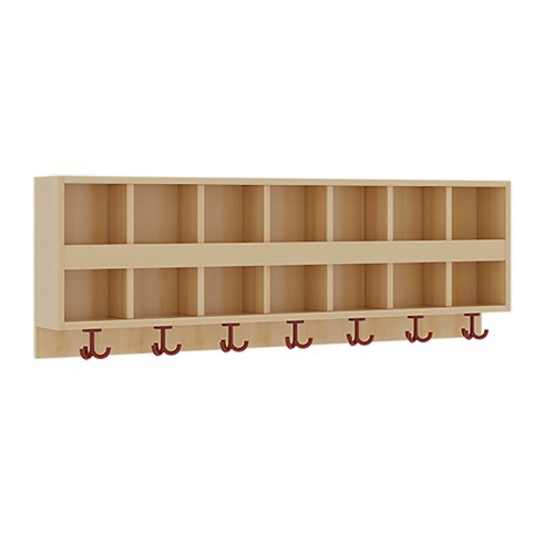 doppelte Garderobenablage mit Blende B/H/T: 140x46x20 cm, 2x7 Fächer und Blende, 7 St. 3fach-Haken, oben offene Unterteilungen