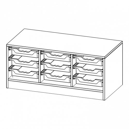ErgoTray Regal, dreireihig, 1 Ordnerhöhe - evo180 Serie B/H/T: 104,5x46x50 cm, mit Sockel (81 mm), 9 flache ErgoTray Boxen