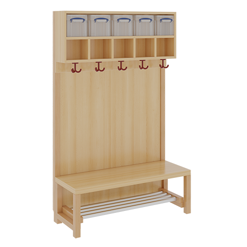 Komplettgarderobe mit doppelter Ablagereihe inklusive Boxen B/H/T: 100x158x39 cm, 5 Plätze, Sitzhöhe: 34 cm, Stütze mit Paneelrückwand, mit Schuhrost aus Aluminiumrohren