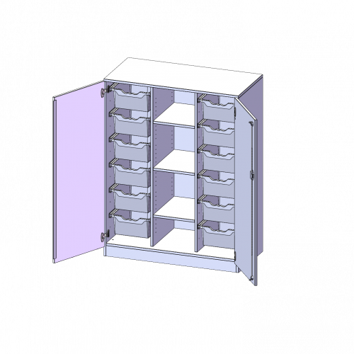 ErgoTray Schrank, dreireihig, 3,5 Ordnerhöhen - evo180 Serie B/H/T: 104,5x136x50 cm, zweitürig, mit Sockel (81 mm), mit 12 hohen ErgoTray Boxen