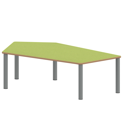 Tisch ZALOTTI mit Linoleum-Belag Fünfecktisch-groß, B/H/T: 185x25x104 cm, Stahlrohrbeine Ø 60 mm, Fußvariante: Stellfuß, Tischbeine mit RAL-Farbe 9006 (weißaluminium)