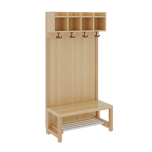 Komplettgarderobe mit einfacher Ablagereihe B/H/T: 80x158x39 cm, 4 Plätze, Sitzhöhe: 42 cm, Stütze mit Paneelrückwand, mit Schuhrost aus Aluminiumrohren