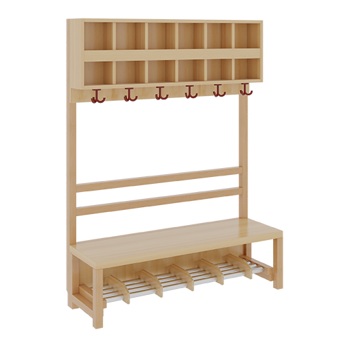 Komplettgarderobe mit doppelter Ablagereihe B/H/T: 120x158x39 cm, 6 Plätze, Sitzhöhe: 34 cm, offene Stütze in Buche-massiv, Schuhrost aus Aluminiumrohren mit Facheinteilungen