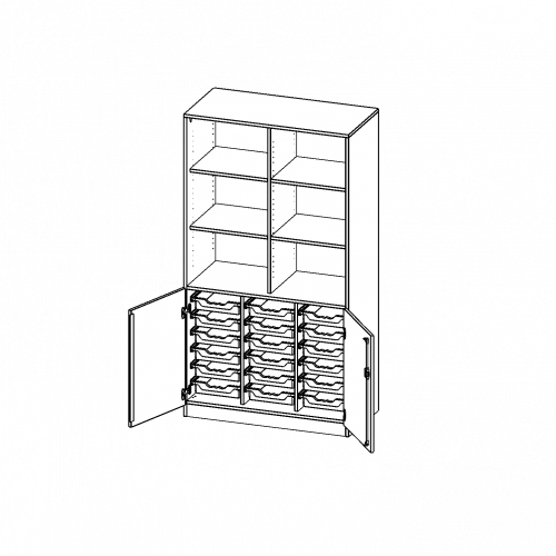 ErgoTray Kombi-Schrank, dreireihig, 5 Ordnerhöhen - evo180 Serie B/H/T: 104,5x190x50 cm, unten 2 OH Türen und 18 flache ErgoTray Boxen, oben 3 OH Regal, Sockel, mit Mittelwand