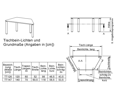 Tisch ZALOTTI mit Schichtstoff-Belag Trapeztisch, B/H/T: 120x41x60 cm, Stahlrohrbeine Ø 60 mm, Fußvariante: höhenverstellbar (41/55 cm), Tischbeine mit RAL-Farbe 9006 (weißaluminium)
