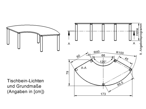 Tisch ZALOTTI mit Schichtstoff-Belag Drittelkreistisch, B/H/T: 173x25x80 cm, Stahlrohrbeine Ø 60 mm, Fußvariante: fahrbar, Tischbeine mit RAL-Farbe 9006 (weißaluminium)