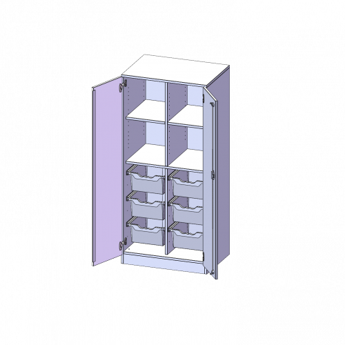 ErgoTray Schrank, zweireihig, 4 Ordnerhöhen - evo180 Serie B/H/T: 70,3x154x50 cm, zweitürig, mit Sockel (81 mm), mit 6 hohen ErgoTray Boxen