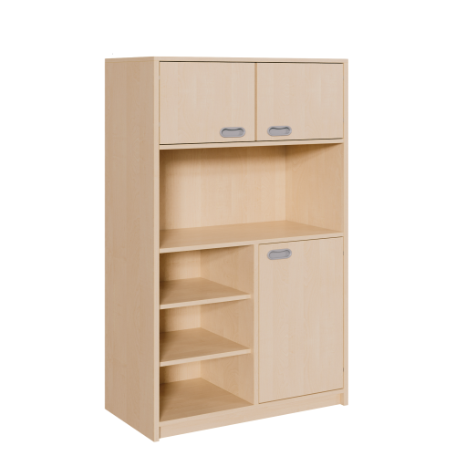 Korpus-Schrank, unten Tür und Regal, oben Doppeltüren B/H/T: 102x180x40 cm, unten rechts Tür, links Regal unten insgesamt 6 Fächer, Mitte offenes Fach, oben Doppeltür mit Mittelwand, 4 Fächer