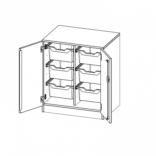 ErgoTray Schrank, zweireihig, 2 Ordnerhöhen - evo180 Serie B/H/T: 70,3x82x50 cm, zweitürig, mit Sockel (81 mm), mit 6 hohen ErgoTray Boxen