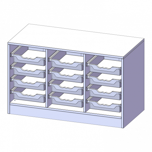 ErgoTray Regal, dreireihig, 1,5 Ordnerhöhen - evo180 Serie B/H/T: 104,5x64x50 cm, mit Sockel (81 mm), 12 flache ErgoTray Boxen