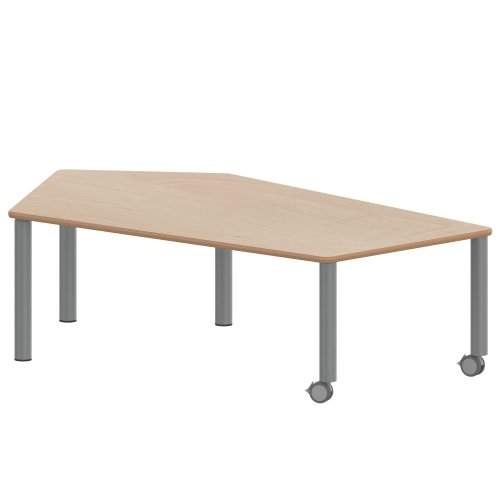 Tisch ZALOTTI mit Schichtstoff-Belag Fünfecktisch-groß, B/H/T: 185x25x104 cm, Stahlrohrbeine Ø 60 mm, Fußvariante: fahrbar, Tischbeine mit RAL-Farbe 9006 (weißaluminium)