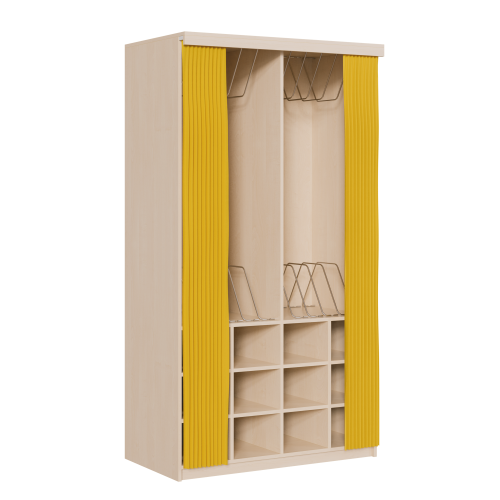 Liegepolsterregal mit Vorhang, 227 cm hoch, oben Polster, unten Bettzeugfächer B/H/T: 123x227x72 cm, für bis zu 12 Matratzen, 12 Bettwäschefächer, Regal in Korpusbauweise