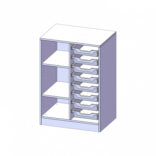 ErgoTray Regal, zweireihig, 2,5 Ordnerhöhen - evo180 Serie B/H/T: 70,3x100x50 cm, mit Sockel (81 mm), links 3 Fächer, rechts 8 flache ErgoTray Boxen