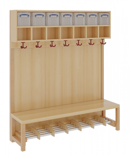 Komplettgarderobe mit doppelter Ablagereihe inklusive Boxen B/H/T: 140x158x39 cm, 7 Plätze, Sitzhöhe 42 cm, Stütze mit Paneelrückwand, Alurohr-Schuhrost mit Trennungen