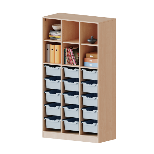 ErgoTray Regal, dreireihig, 5 Ordnerhöhen - evo180 Serie B/H/T: 104,5x190x40 cm, mit Sockel (81 mm) und Mittelwand, unten 15 hohe ErgoTray Boxen, oben 3 Einlegeböden