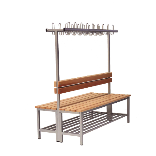 Umkleidebank doppelseitig mit Massivholz Sitzleisten und Hakenleiste B/H/T: 100x45/155x73 cm, Sitzbank doppelseitig mit Schuhrost, Dreifachhaken, Gestellfarbe nach RAL
