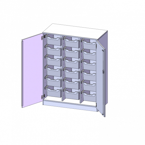 ErgoTray Schrank, dreireihig, 3,5 Ordnerhöhen - evo180 Serie B/H/T: 104,5x136x50 cm, zweitürig, mit Sockel (81 mm), mit 18 hohen ErgoTray Boxen