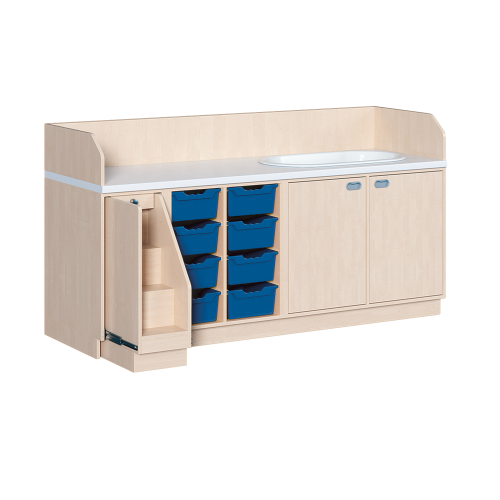 Wickelkommode, dreireihig zuzüglich Badewanne B/H/T: 213x113x71,5 cm, Ausziehbarer Aufstieg links, 8 Boxen und Badewanne rechts