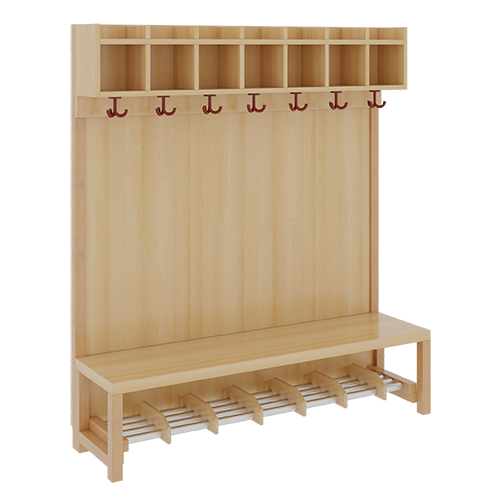 Komplettgarderobe mit einfacher Ablagereihe B/H/T: 140x130x39 cm, 7 Plätze, Sitzhöhe 34 cm, Stütze mit Paneelrückwand, Alurohr-Schuhrost mit Trennungen
