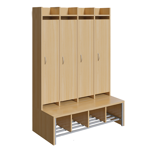 Spindgarderobe, hohe Tür B/H/T: 110x160x55 cm, 4 Plätze, Türen rechts, Bank, Schuhrost, 3fach-Haken