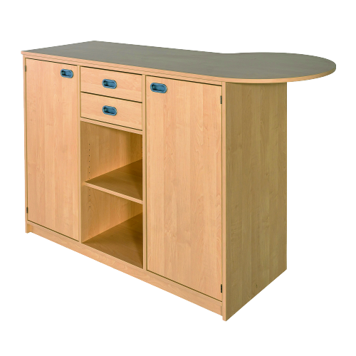 Anmeldestation B/H/T: 170/140x110x50/70 cm, Ansatz rechts, Raumteiler mit Beratungsansatz, aus feuerhemmendem Material - Dekor Birke