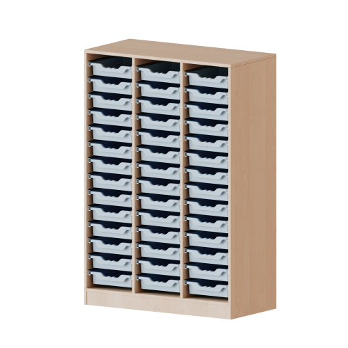 ErgoTray Regal, dreireihig, 4 Ordnerhöhen - evo180 Serie B/H/T: 104,5x154x40 cm, mit Sockel (81 mm), 42 flache ErgoTray Boxen