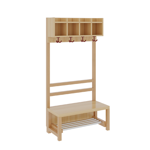 Komplettgarderobe mit einfacher Ablagereihe B/H/T: 80x130x39 cm, 4 Plätze, Sitzhöhe: 26 cm, offene Stütze in Buche-massiv, mit Schuhrost aus Aluminiumrohren