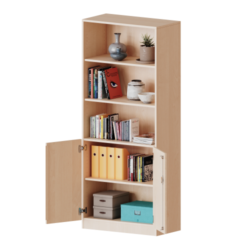 Schrank, 5 Ordnerhöhen, Türen unten (2 OH), oben 3 offene Fächer - Serie evo180 B/H/T: 100x190x50 cm, 2 Türen, abschließbar, mit Sockel (81 mm)