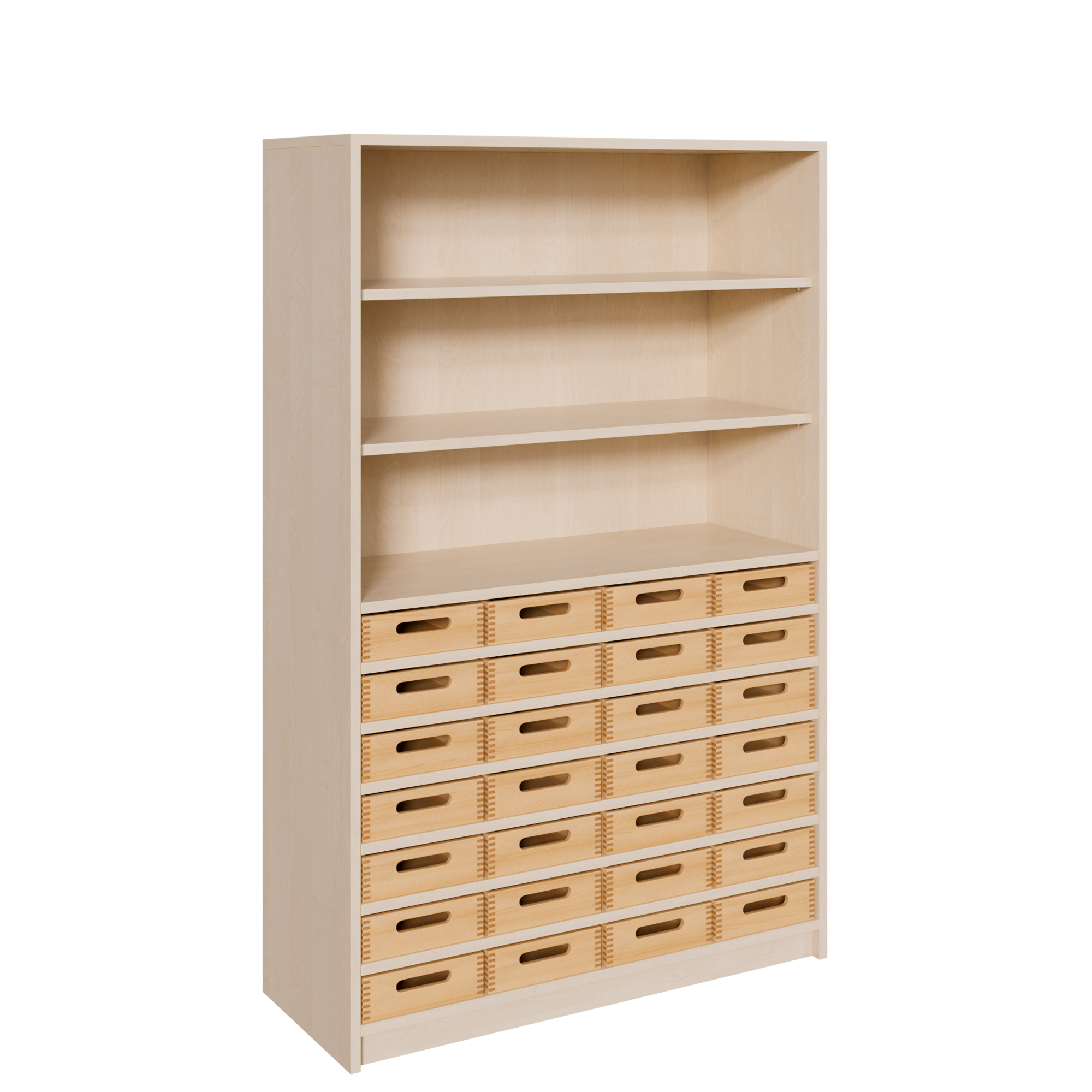 Korpus-Regal mit flachen Materialkästen und offenen Fächern B/H/T: 102x160x40 cm, 28 flache Massivholz-Kästen, oben Regal mit 2 Fächern