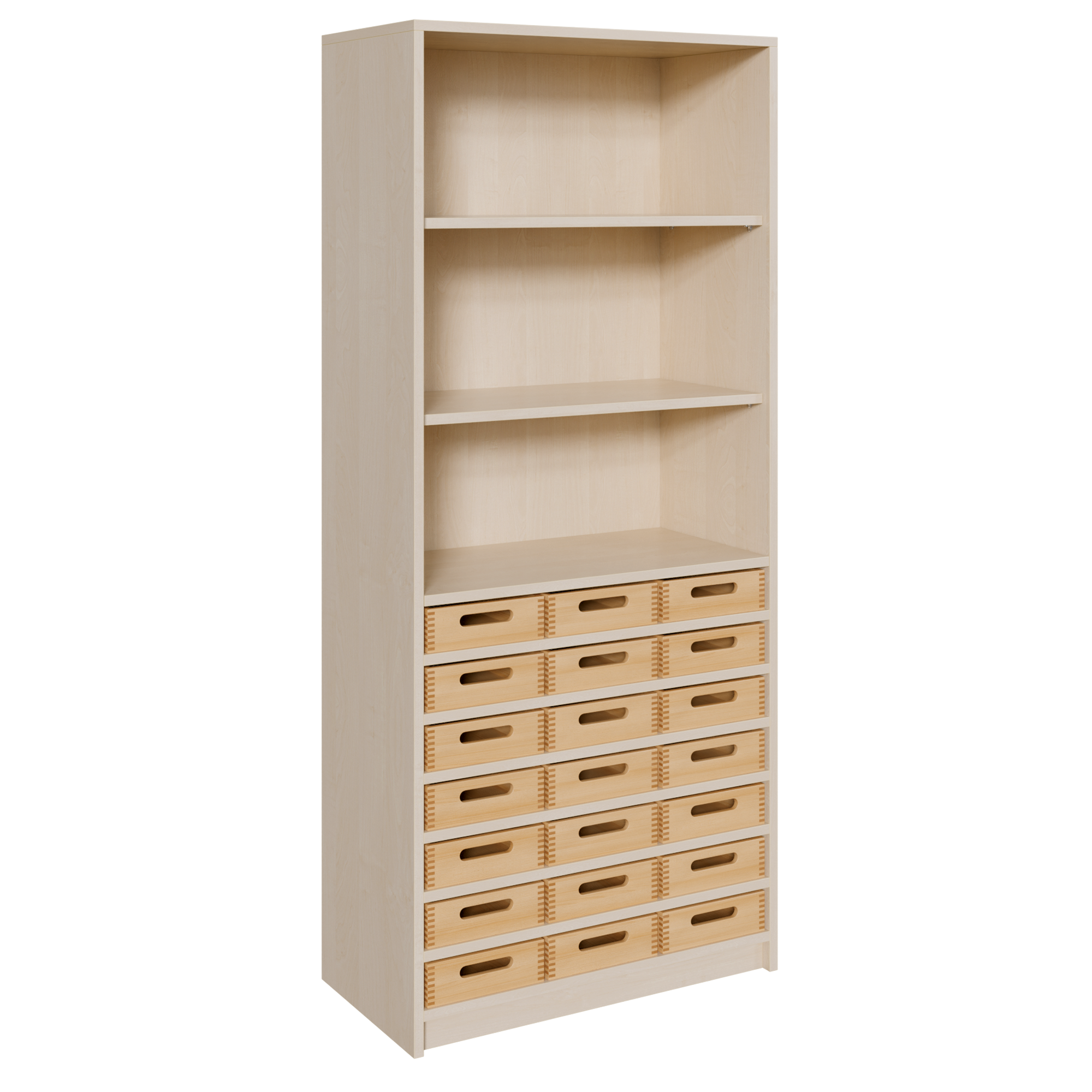 Korpus-Regal mit flachen Materialkästen und offenen Fächern B/H/T: 78x180x40 cm, 21 flache Massivholz-Kästen, oben Regal mit 2 Fächern