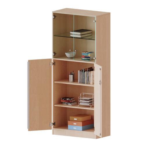 Schrank, 5 Ordnerhöhen, unten Türen (3 OH), oben Vitrinentüren (2 OH) - Serie evo180 B/H/T: 100x190x60 cm, 2 geschlossene und 2 Glastüren, abschließbar, mit Sockel (81 mm)