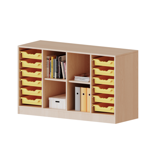 ErgoTray Regal, vierreihig, 2 Ordnerhöhen - evo180 Serie B/H/T: 138,7x82x40 cm, fahrbar, rechts und links je 6 flache ErgoTray Boxen, in der Mitte 4 offene Fächer