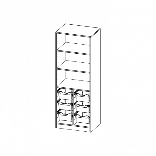 ErgoTray Regal, zweireihig, 5 Ordnerhöhen - evo180 Serie B/H/T: 70,3x190x50 cm, mit Sockel (81 mm), unten 6 hohe ErgoTray Boxen, oben 2 Einlegeböden