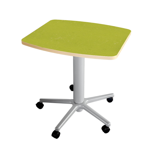 Beistelltisch mit Fußkreuz und Gasfeder, HV 72-110 cm Tischplatte mit Linoleumbelag als Quadrat mit großzügig gerundeten Ecken, L/B: 60x60 cm
