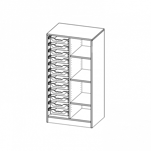 ErgoTray Regal, zweireihig, 3,5 Ordnerhöhen - evo180 Serie B/H/T: 70,3x136x50 cm, mit Sockel (81 mm), rechts 4 Fächer, links 12 flache ErgoTray Boxen