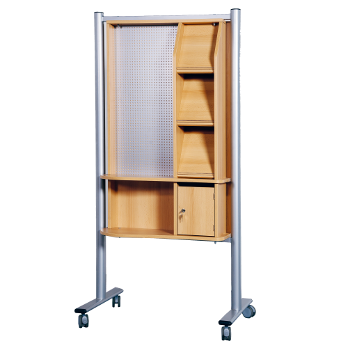 Infocenter B/H/T: 95x190x60 cm, mit 3 Schrägablagen, Lochblechrückwand, offenem Fach und abschließbarem Postfach, fahrbar