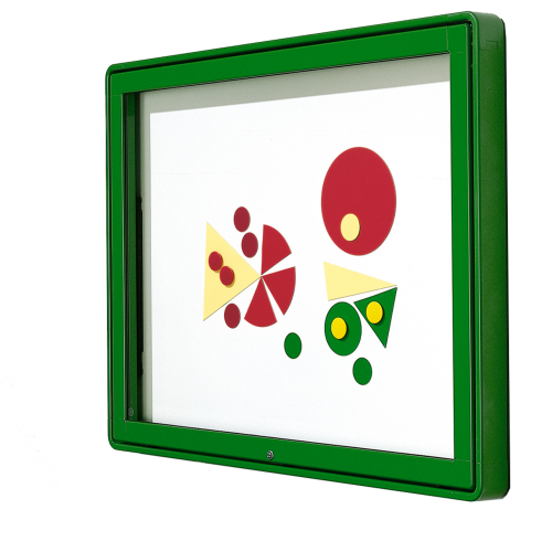 Vitrine W7 mit Klapptür zur Wandmontage B/H/T: 182x107x13 cm, Rückwand Lederstruktur auf Kork