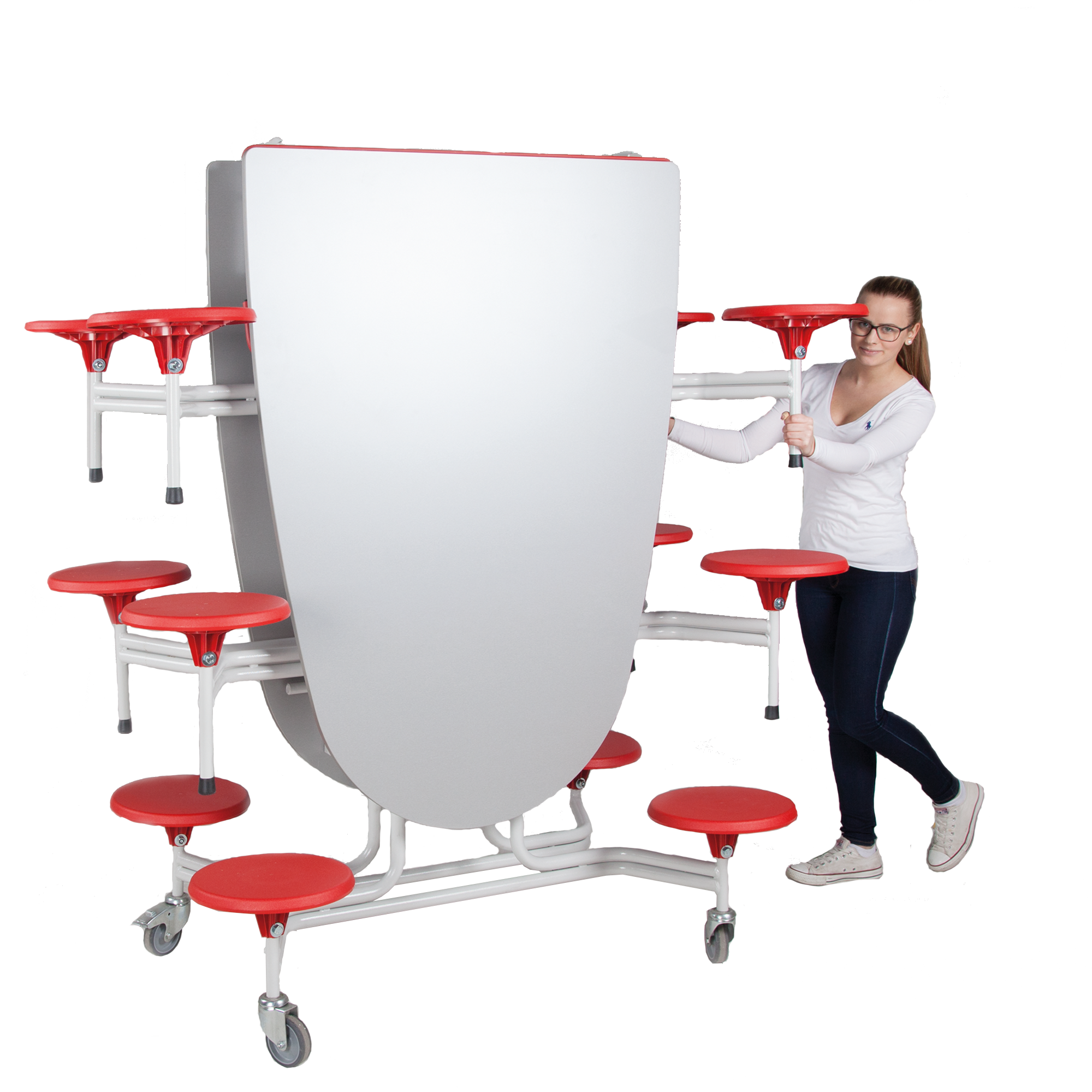 Spaceflex 2.0 Klapptisch mit integrierten Stühlen, oval, Vollkernplatte "PowerSurf" B/H/T: 305x74x107 cm, 12 Sitze Farbe Rot, Sitzhöhe 46 cm