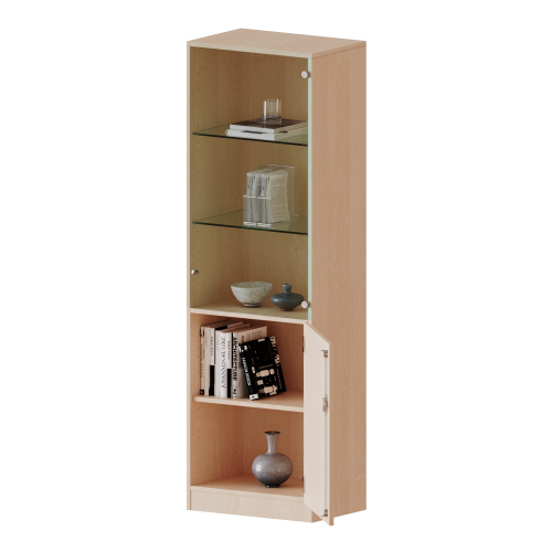 Schrank, 5 Ordnerhöhen, unten Tür (2 OH), oben Vitrinentür (3 OH) - Serie evo180 B/H/T: 60x190x40 cm, 1 geschlossene und 1 Glastür, abschließbar, Türen öffnen nach rechts, Sockel