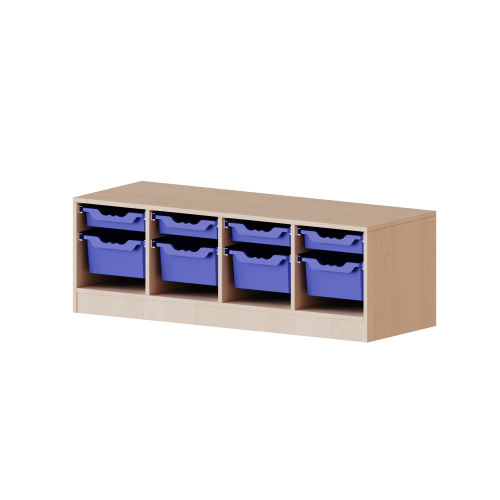 ErgoTray Regal, vierreihig, 1 Ordnerhöhe - evo180 Serie B/H/T: 138,7x46x50 cm, mit Möbelstellfüßen, 4 flache und 4 hohe ErgoTray Boxen