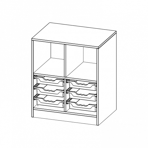 ErgoTray Regal, zweireihig, 2 Ordnerhöhen - evo180 Serie B/H/T: 70,3x82x50 cm, mit Sockel (81 mm), oben 2 Fächer, unten 6 flache ErgoTray Boxen